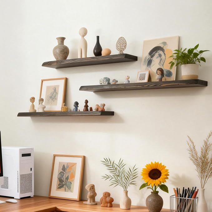 24 Inch Wooden Floating Shelves for Wall Set of 2, Finnish Spruce Solid Wood Shelf, Natural Wood Floating Shelves for Living Room, Bathroom, Bedroom, Kitchen, Country Brown Finish