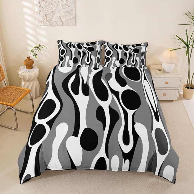 Erosebridal Organic Geometric Duvet Cover Set Modern Abstract Queen Bedding Set for Youth Boys Retro Mid Century Comforter Cover Modern Fluid Art Irregular Circles Bed Sets,Gray Black