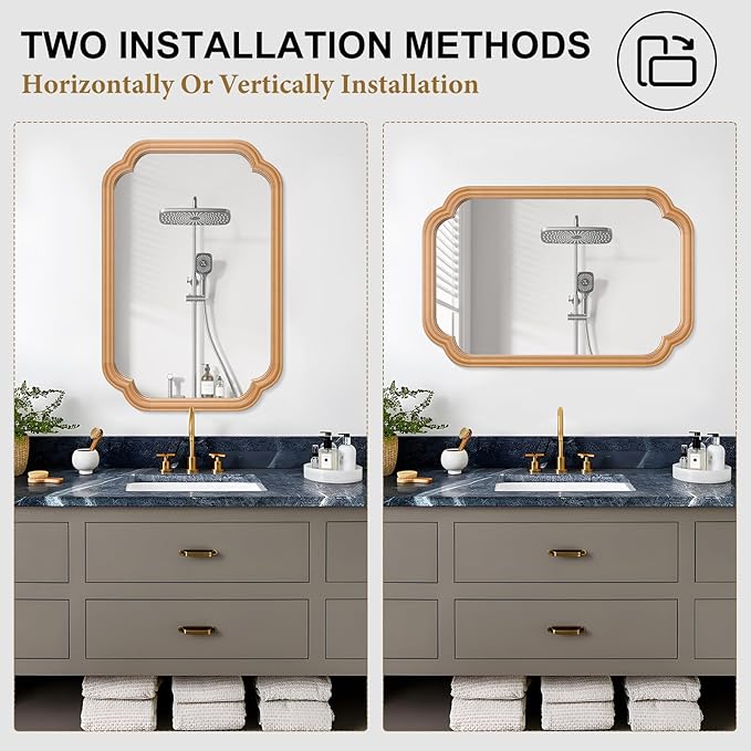 Wood Mirror for Bathroom, 20" x 30" Rectangular Wall Mirror for Bathroom Vanity with Wooden Frame Farmhouse Rounded Corner Wall Mirror Decor (Horizontal/Vertical)