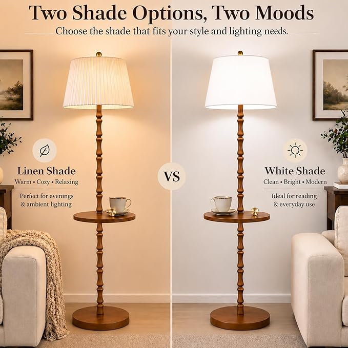 Real Wood Floor Lamp with Built-in Tray, Remote Control, Adjustable Brightness & 3 Color Temperatures, Dimmable Standing Lamp for Living Room, Bedroom, and Office – Easy Setup(Light Walnut)