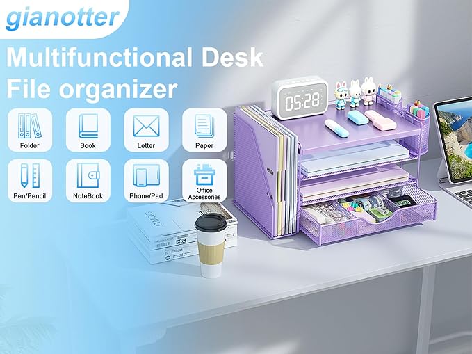 gianotter Wood Desk Organizers and Accessories with File Holder, 4-Tier Desk Accessories & Workspace Organizers with Drawer and 2 Pen Holder, Desk Reference Organizer (Purple, 4T with Metal Drawer)