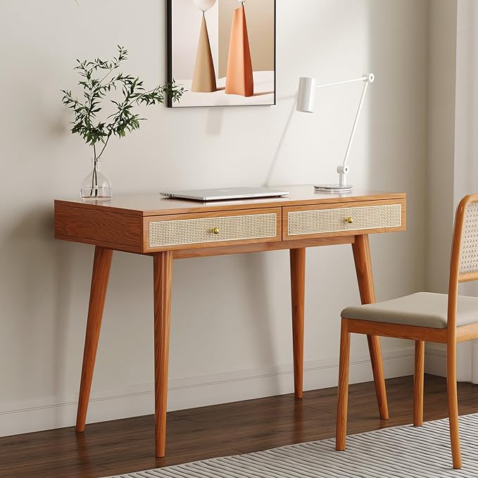 Mid-Century Modern Solid Wood Desk with Drawers – 45 inch Small Boho Rattan Writing Desk for Home Office, Minimalist Design Natural Wood Legs Table for Workspace Elegance