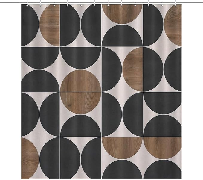 Mid Century Circle Patterned Shower Curtains Modern Black Brown Wood Board Texture Washable Waterproof Fabric for Bathroom Decor Bathtub with 12 Hooks 66x72in（168x183cm）