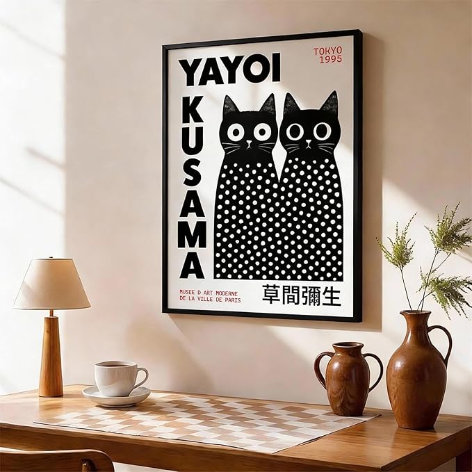 Black and White Cute Abstract Cat Wall Art Japanese Yayoi Kusama Canvas Poster 08x10 inch Black Framed Modern Fashion Minimalist Painting for Living Room Wall Decor Cat Lover Gifts