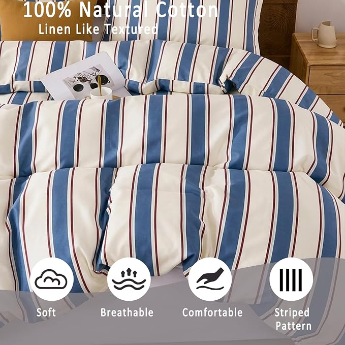 Merryword 100% Cotton Duvet Cover Set King Size - Blue & White Cabana Striped Bedding Set with Zipper & Corner Ties, 3-Piece Luxury & Silky Soft Bedding Set for All Seasons