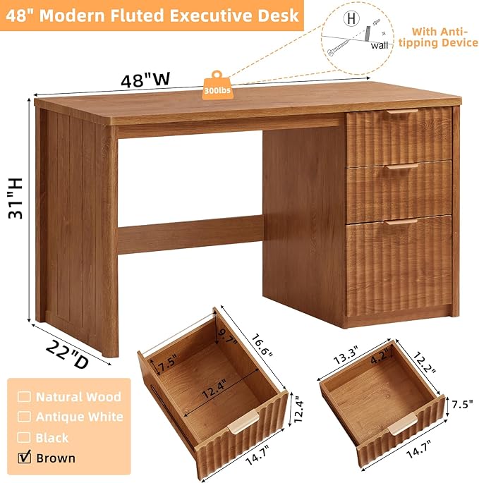 LEYAOYAO Office Desk 48" with 3 Drawers Storage File Cabinet Wood Fluted Desk for Computer Office Bedroom Home Furniture Tea Brown