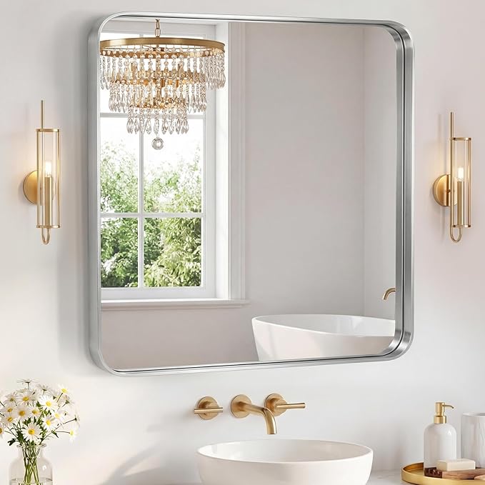 NEWBULIG 36X36 Inch Bathroom Mirror for Over Sink, Wall Vanity Mirrors Tempered Glass, Anti-Rust Metal Framed Rounded Rectangle, Hangs Horizontally or Vertically, Farmhouse Home Decor, Silvery
