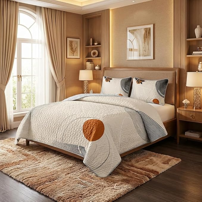 AILONEN Boho Mid Century Bedding Sets,Vintage Geometry Quilt Set Queen Size,Modern Minimalist Simplistic Bedspread Coverlet - Soft Lightweight 3Pcs 1 Quilt with 2 Pillowcases,Brown