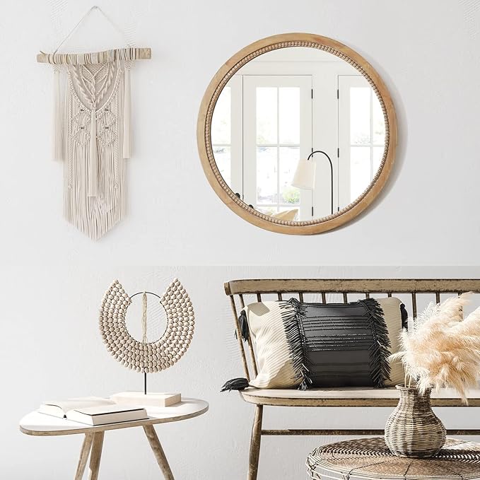 sawsile Round Wood Mirror,28 inch Circle Rustic Farmhouse Natural Wooden Frame Boho Beads Wall Mirror for Bathroom,Living Room,Bedroom or Entryway