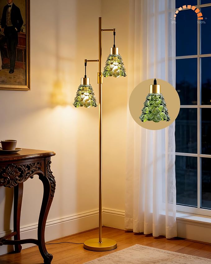 2-Light Modern Glass Floor Lamp, Gold Standing Tall Lamp with Green Shell Glass Shade, Dimmable LED Floor Lamp with 5Lbs Heavy Base for Living Room Bedroom Home Decor, Bulb Included