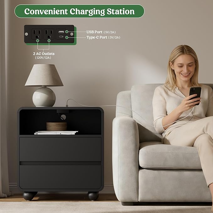 Lulive Wood Night Stand with Drawers, Modern Bedside End Table with Charging Station, Curved Profile Design Storage Nightstand for Bedroom, Black