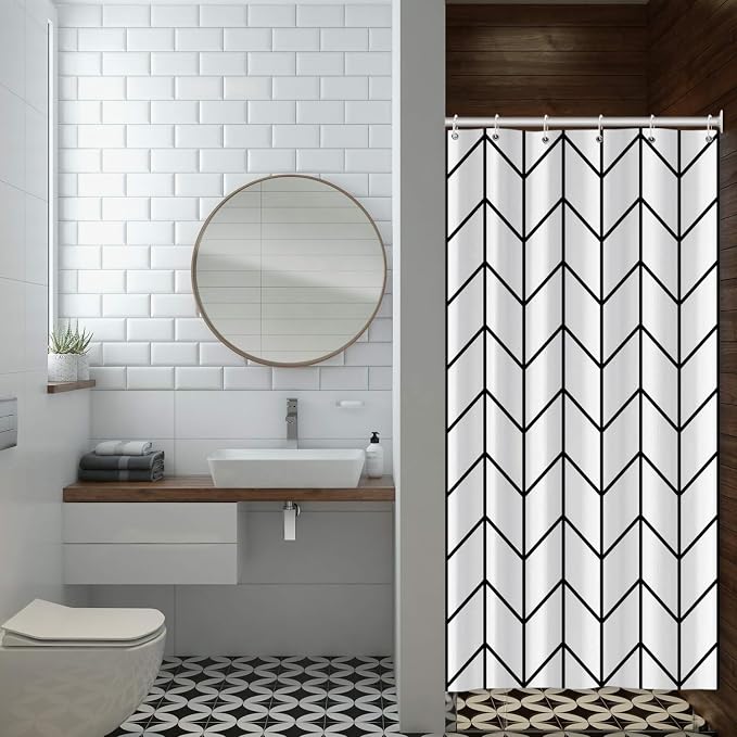 Boho Herringbone Shower Curtains Black White Zig Zag Geometric Bathroom Curtain Minimalist Abstract Polyester Shower Curtain Sets for Bathroom Extra Long 54x72 in with 10 Hooks