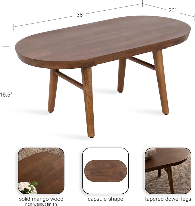 Kate and Laurel Conan Oval Wooden Mid-Century Coffee Table, 38 x 20 x 17, Walnut Brown, Rounded Living Room Table with Solid Mango Wood Construction and Tapered Dowel Legs
