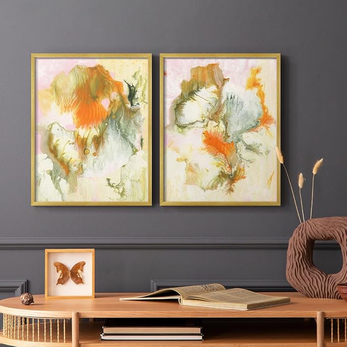 Renditions Gallery Set of 2 Peel & Stick Framed Prints, Modern Abstract Wall Art, Mix Color Oil Paint Design Wall Decor, Re-Stickable - Ready to Hang - 11"x14" - GOLD Frame LT588