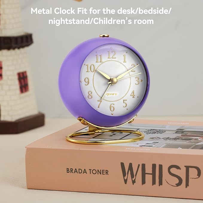 rjuwurv Metal Desk Alarm Clock, Retro Bedroom Table Vintage Analog Silent Non-Ticking Gold Alarm Clock, Bedside Decor(Violet Purple)