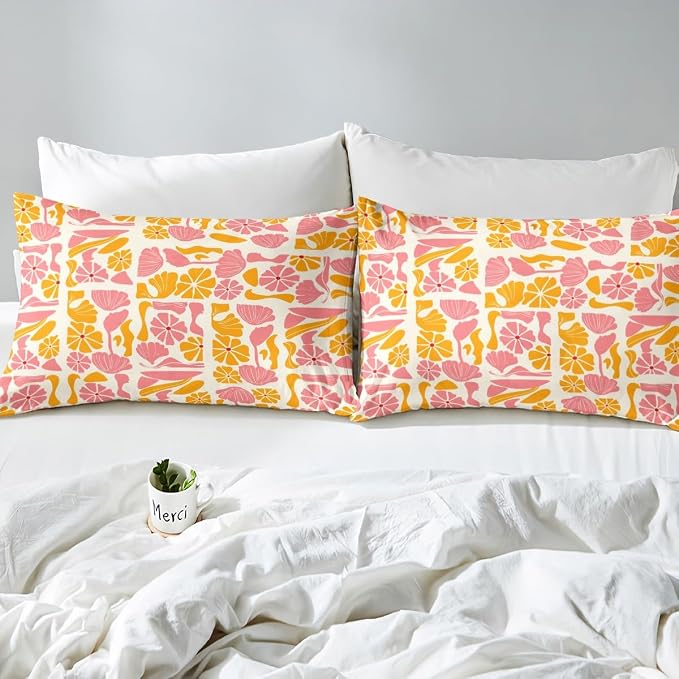 Erosebridal Boho Abstract Colorful Floral Duvet Cover Queen Vintage Retro Patchwork Orange Pink Bedding Set Flower Botanical Geometric Comforter Cover for Kids Adults,Aesthetic Groovy Bed Set