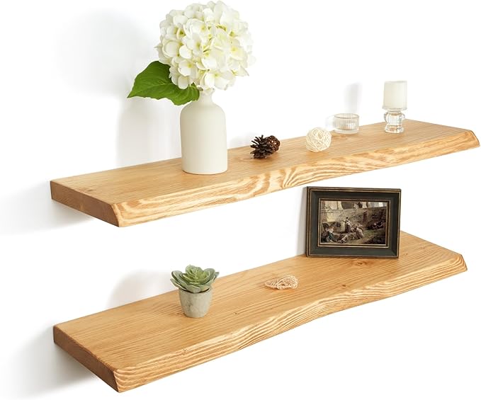 36 Inch Wooden Floating Shelves for Wall Set of 2, Finnish Spruce Solid Wood Shelf, Natural Wood Floating Shelves for Living Room, Bathroom, Bedroom, Kitchen, Natural Finish