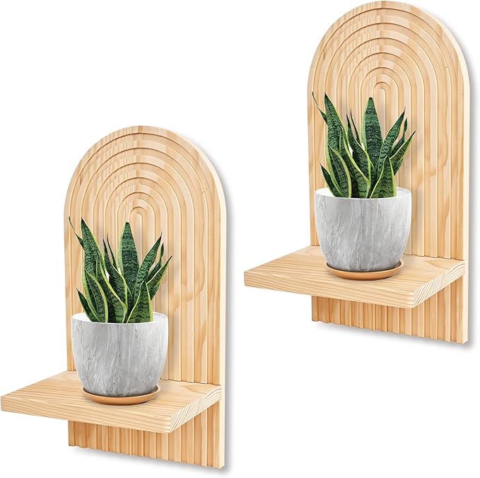 2 Pieces Boho Wall Shelf, Mid Century Shelves, Decorative Storage Unit, Decorative Bohemian Rainbow Hanging Shelves for Bathroom, Bedroom, Kitchen, Living Room, Laundry Room (Natural)