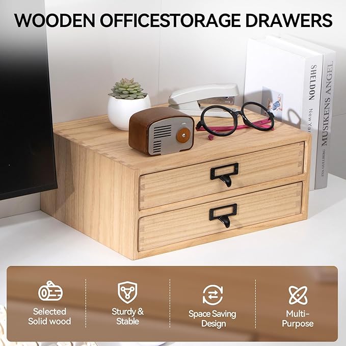 KIRIGEN Wooden Desk Organizer with 2 Drawers, Solid Wood Desktop Storage Cabinet, Shallow Office Drawer Organizer for Printer Paper and Mail, No Assembly, 13.78 W x 10.6 D x 5.9 H Inch, FAX-NA