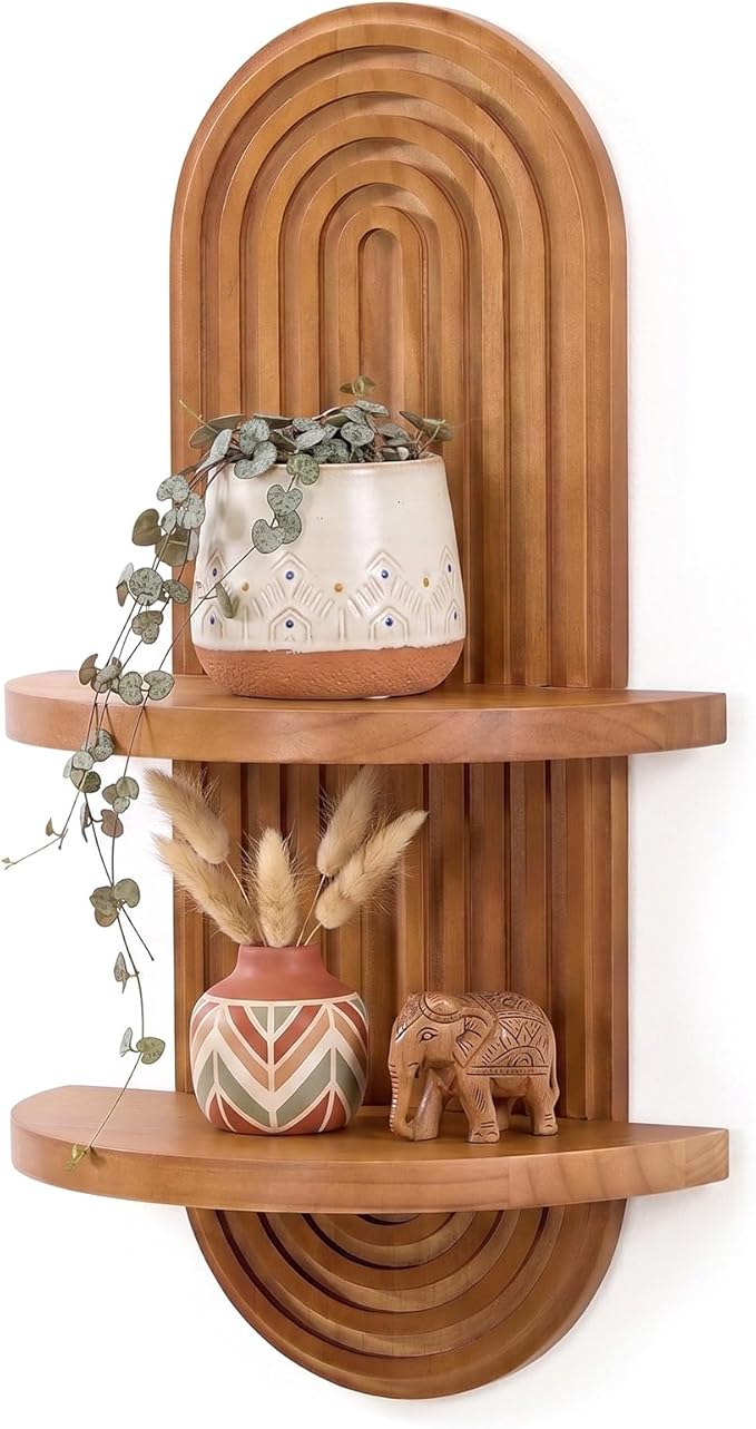 SweetSage Boho Wall Decor Oak Plant Wall Shelf Mid Century Modern Decor 2 Tier Wooden Floating Shelves for Home Bathroom Bedroom Living Room Nursery Office Art Display 22 x 11.8 Inches