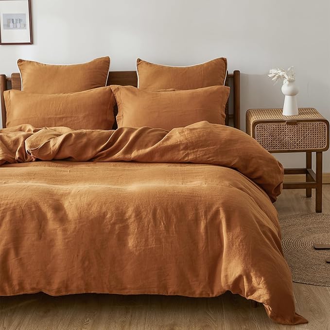 Simple&Opulence 100% Linen Duvet Cover Set, 3 PCS Natural French Flax Rust Duvet Cover King Size, Breathable Soft Comfy Linen Bedding Comforter Cover with 2 Pillowcases(Rust, 104"x92")