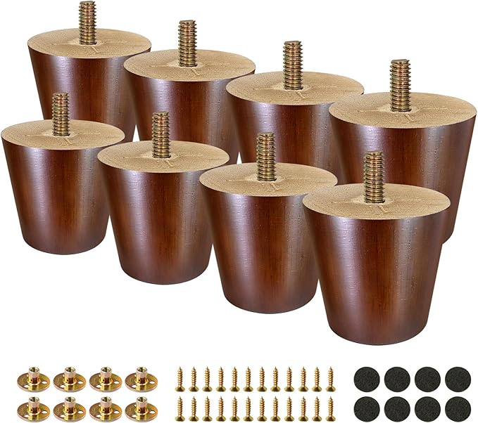 FoDau770 Brown Rubber Wood Furniture Legs 2 Inches, Straight Tapered Wood Feet Mid Century Sofa Legs Set of 8, 5/16" UNC Furniture Feet for Cabinet Couch Dresser Chair Ottoman Table
