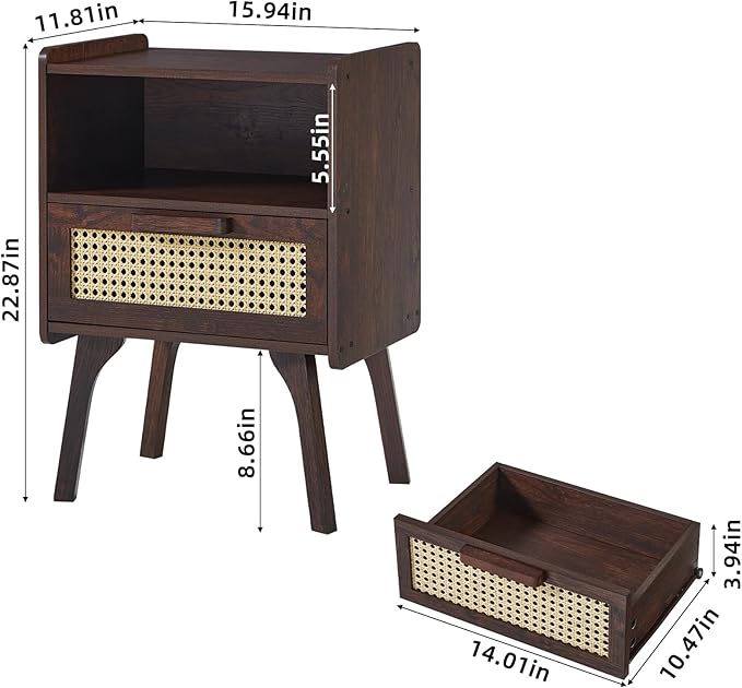 Lerliuo Rattan Nightstand, Bedside Table with Drawer Open Shelf, Cane Accent Side End Table with Solid Wood Legs, Walnut Vintage Night Stand for Bedroom, Dorm and Small Spaces