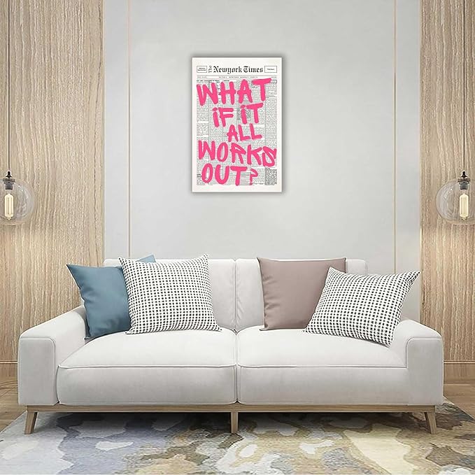 Drimiler Retro Newspaper Pink Font Poster What If It All Works Out Canvas Wall Art Positive Affirming Quote Minimalist Prints Painting For Home Bedroom Dorm Wall Decor 12x18in Wframed