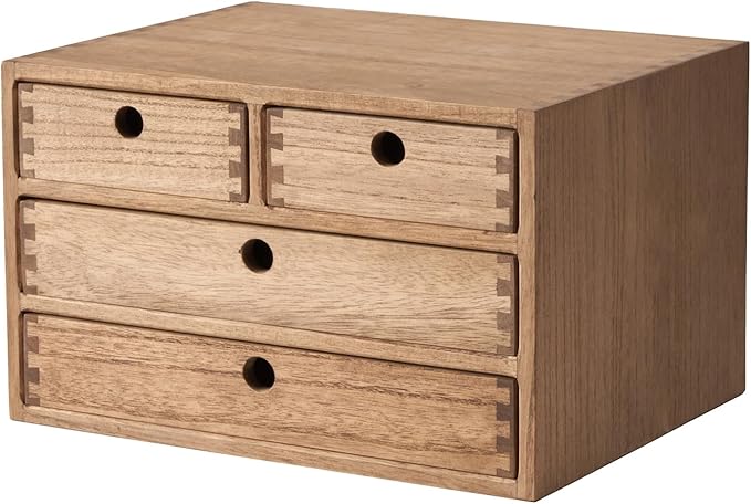 KIRIGEN Wood Desktop Storage Cabinet with 4 Drawers, 3-Tier Desk Organizer for Letter-Size Paper, Mail, Home Office Supplies, Makeup, Crafts, Desk or Countertop, Fully Assembled, Brown WJG34-DBR
