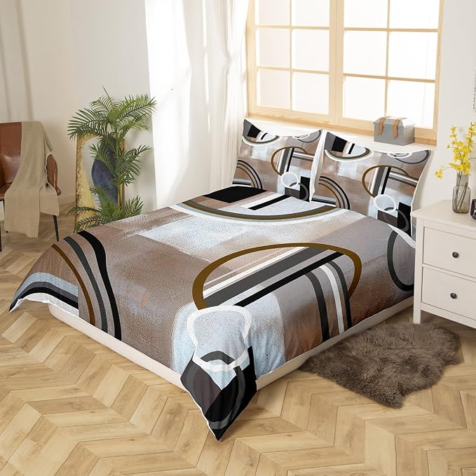 Erosebridal Brown Grey Duvet Cover,Geometric Swirls Comforter Cover for Kids Boys Girls Teens,Ombre Gradient Bedding,Modern Circular Stripes Quilt Cover,Abstract Art Bedspread Cover with Zipper,Queen