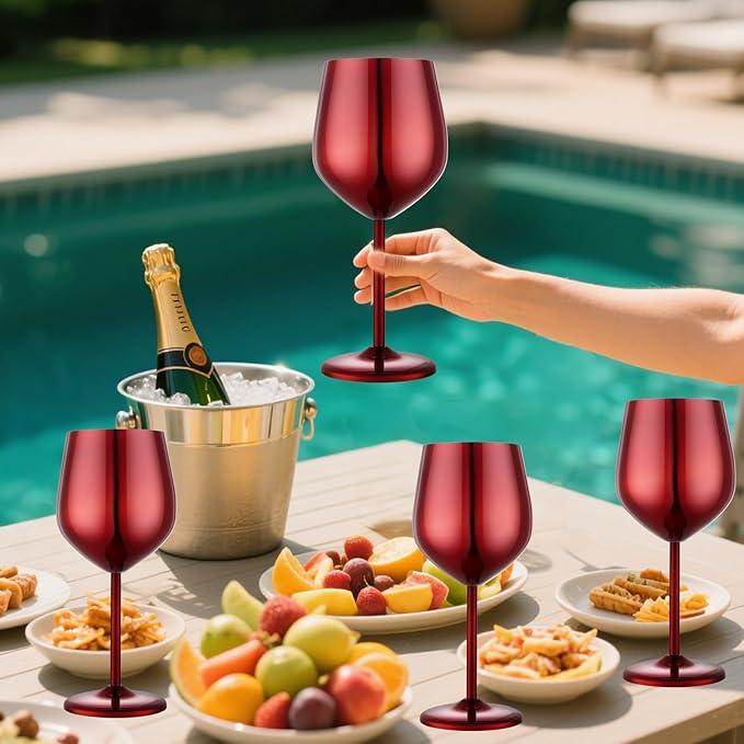 Stainless Steel Wine Glasses Set of 4 Unbreakable Wine Glass 18 oz Unique Metal Wine Goblets for Outdoor, Travel, Camping, Pool, Ideal Gift for Wine Lovers (Mirror-Red)