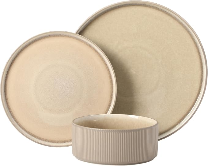 Gibson Elite Redrock Canyon 12-Piece New Bone China Dinnerware Set Service for 4, Reactive Glaze Plates and Bowls, Dishwasher and Microwave Safe, Taupe