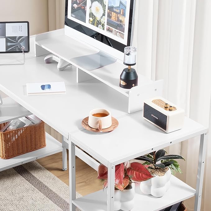 Computer Desk 55-inch with Storage Shelf - White Ideal Gaming Desk for Bedrooms, Small Spaces, and Home Offices Modern Writing Desk for PCs.