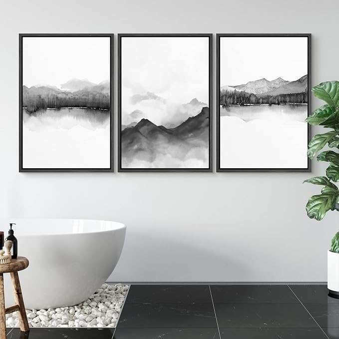 SIGNWIN Framed Canvas Print Wall Art Trio of Watercolor Mountain Ranges in Mist Abstract Wilderness Illustrations Art Minimalist Black & White for Living Room, Bedroom, Office - 24"x36"x3 Black