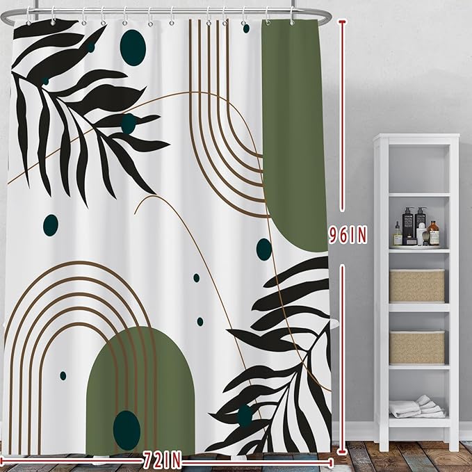 Baocicoo Mid Century Boho Shower Curtain Botanical Abstract Green Leaf Shower Curtain for Bathroom Hostel Hotel Cubicle Bathtub Decor Durable Waterproof Curtain for Bathroom with Hooks 72x96 Inches