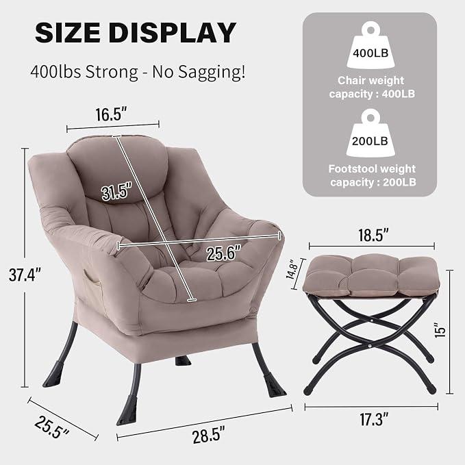 Tiita Modern Large Accent Chair with Ottoman, Comfy Leisure Sofa Armchair with Footrest, Reading Chair for Bedroom, Living Room, Dorm Rooms, Khaki