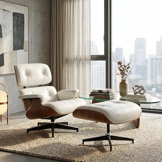 Mid Century Chaise Lounge Chair with Ottoman, Top Black Grain Leather, Modern Office Chair Classic Design, Heavy Duty Base Support for Living Room Study Lounge Office
