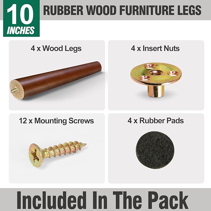 FoDau770 Brown Rubber Wood Furniture Legs 10 Inches, Slant Tapered Wood Feet Mid Century Sofa Legs Set of 4, 5/16" UNC Furniture Feet Replacement Parts for Cabinet Couch Dresser Chair Ottoman Table