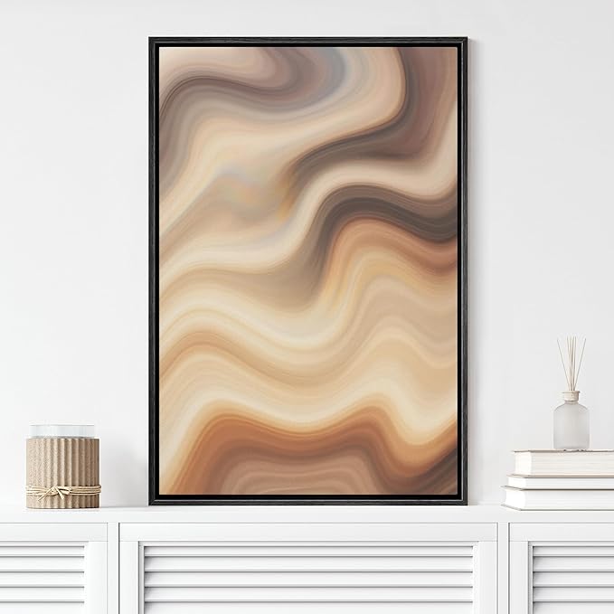 MUDECOR Framed Canvas Print Wall Art Soft Beige Marble Flow Abstract Neutral Wave Illustrations Fine Art Decorative Zen Multicolor Country/Farmhouse Retro for Bedroom - 16"x24" BLACK