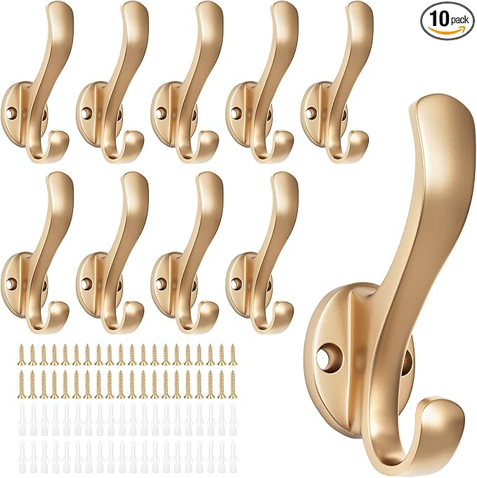 Coat Hooks Heavy Duty - Easy to Install Metal Towel Hooks Fashionable Wall Hooks for Hanging Hat, Towel, Key, Robe, Scarf, Bag, Cap (10 PCS Gold)