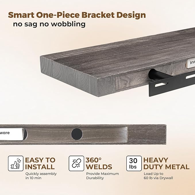 Axeman Floating Shelves for Wall, 8 Inch Deep Rustic Solid Elm Wood Wall Shelves for Storage, Wall Mounted Display Shelving with Invisible Heavy-Duty Metal Bracket, 36'' Width Set of 2, Grey