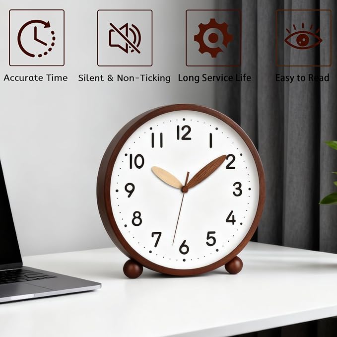 Maxspace Wooden Table Clock,8in Silent Non-Ticking Desk Clock,Battery Operated Desktop Analog Clock for Living Room Bedroom Kitchen Office Classroom Decor (Walnut - White)