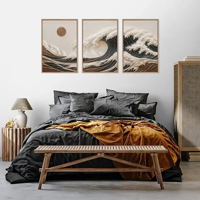 HLNIUC Sea Wave Framed Canvas Wall Art,Abstract Sun Seascape Wall Decor Set of 3(16”x24”) Large Modern Ocean Beach Art Print,Great Wave Sunset Pictures Canvas Painting for Living Room,Bedroom