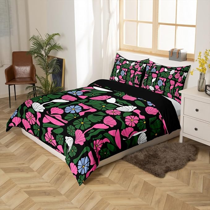 Erosebridal Boho Abstract Floral Duvet Cover King Mid Century Modern Bedding Set Vintage Pink Green Floral Comforter Cover for Kids Adults,Aesthetic Patchwork Geometric Bed Set