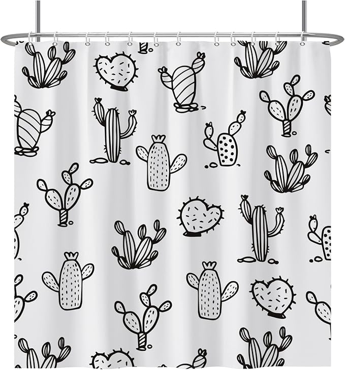 Baocicoo Cartoon Cactus Shower Curtain Tropical Plants Mexican Texas Minimalism Black and White Decorative Artistical Shower Curtains for Home Bathtubs Bath Waterproof Fabric with Hooks 72x72 Inches