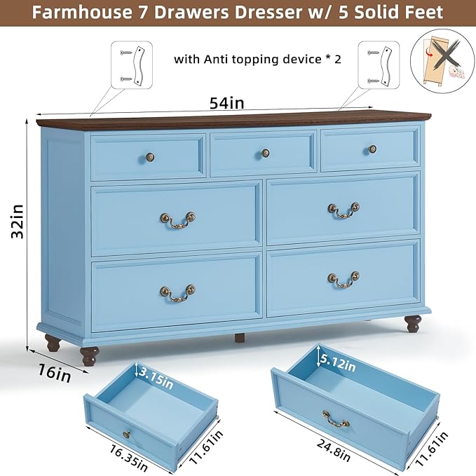 Farmhouse 7 Drawers Dresser Sets of 2 for Bedroom, Light Blue 54 Inch Wide Chest of Drawers w/ 4 Wooden Legs, Large Vintage Rustic Closet Dressers for Living Room, Wood TV Stand