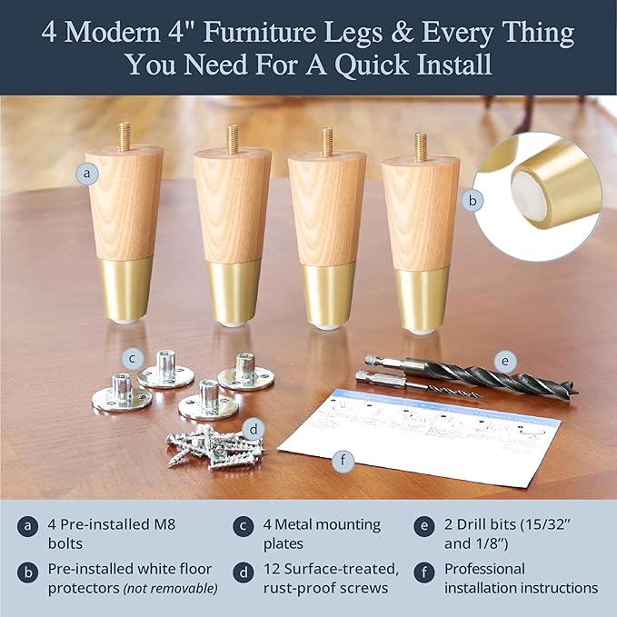 Premium Ash Wood Furniture Legs with Gold Caps (Full Install Kit) - Pick Your Size and Color