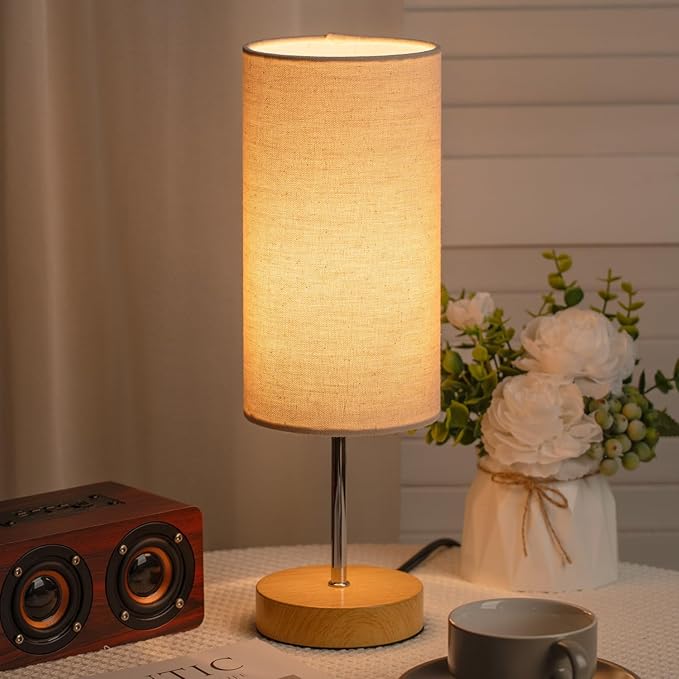 Small Bedside Table Lamp for Bedroom Nightstand, Round Linen Shade and Wood Base, Rustic Minimalist Night Lamps for Dresser, Living Room, Office, College Dorm Reading, Warm Light, 5W LED Bulb Included