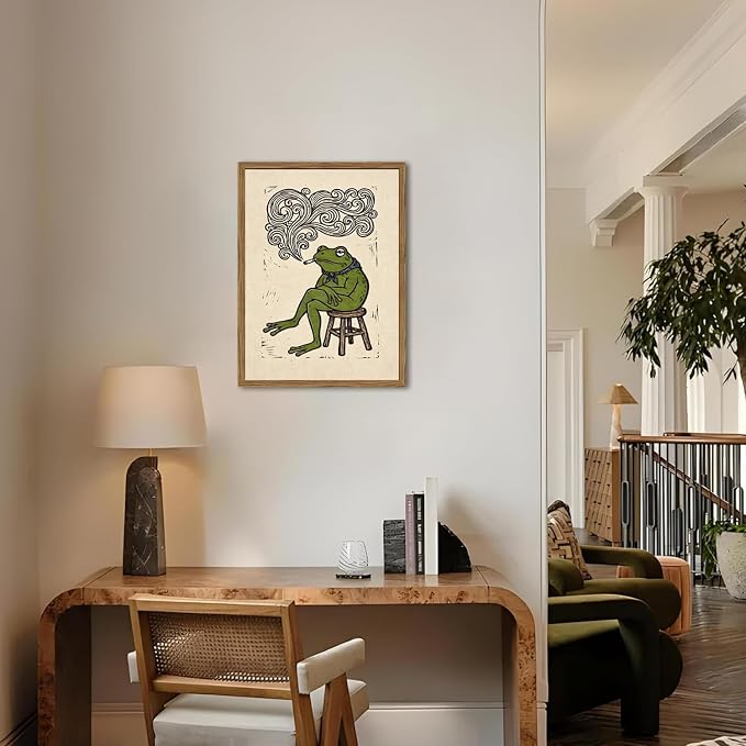 Funny Bandana Frog Wall Art Vintage Japanese Frog Bar Wall Decor Painting, Quirky Animal Poster Canvas Print Picture for Living Room Bedroom 12x16 inch Wood Framed