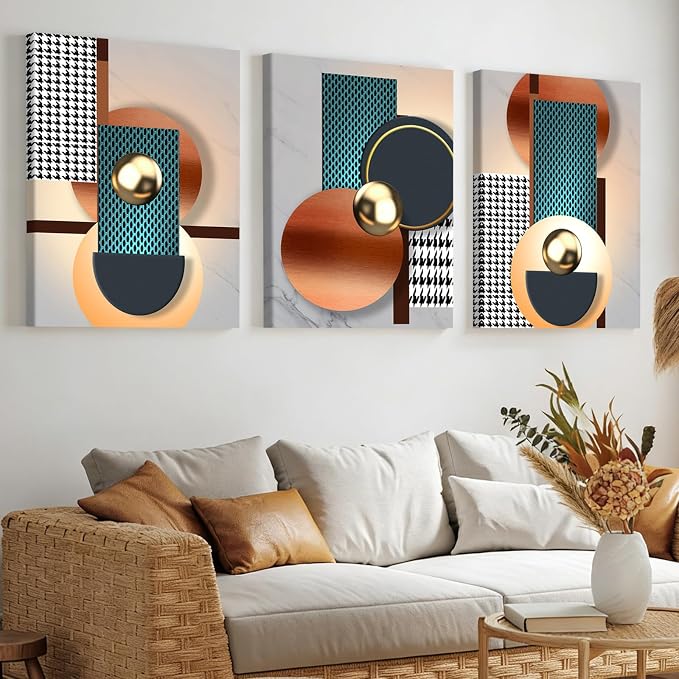 Pennimor 3Pcs Framed Geometric Abstract Wall Art, Simple Neutral Wood Wall Decor, Modern Minimalist Artwork Printing for Bathroom Bedroom Living Room Home Office Farmhouse 20x28in